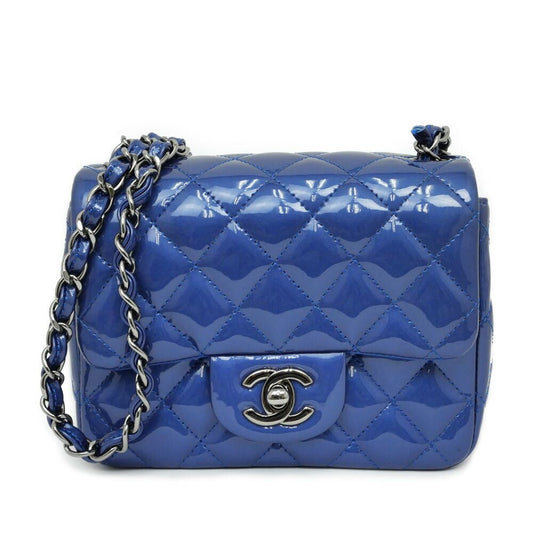 Chanel Mini Quilted Chain Shoulder Blue Gunmetal Patent Leather Enamel