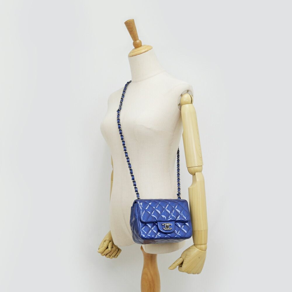 Chanel Mini Quilted Chain Shoulder Blue Gunmetal Patent Leather Enamel — view 9