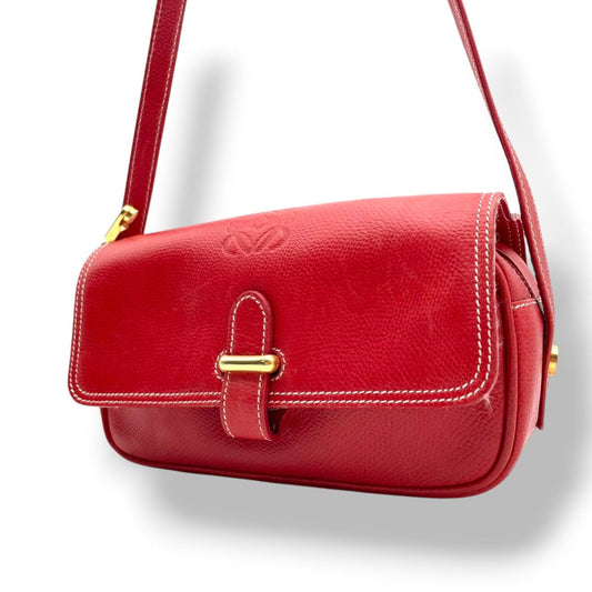 Loewe Anagram Shoulder Bag Pochette Crossbody Leather Red Gold Vintage Retro