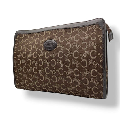 Celine Clutch Pouch C Macadam Carriage Pattern Canvas Leather Brown Gold