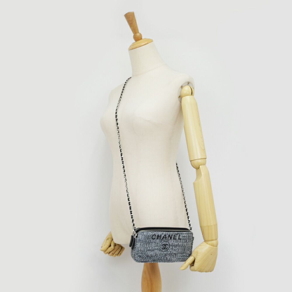 Chanel Deauville Chain Wallet Gray Silver Tweed Shoulder — view 9