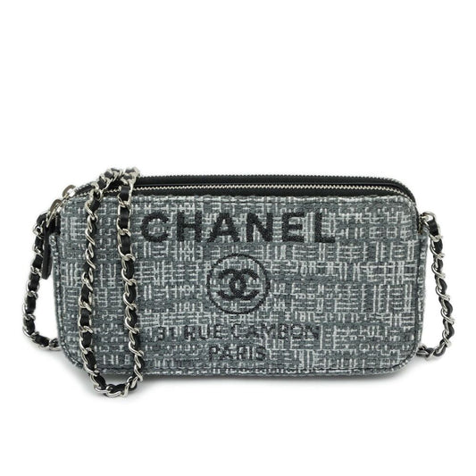 Chanel Deauville Chain Wallet Gray Silver Tweed Shoulder