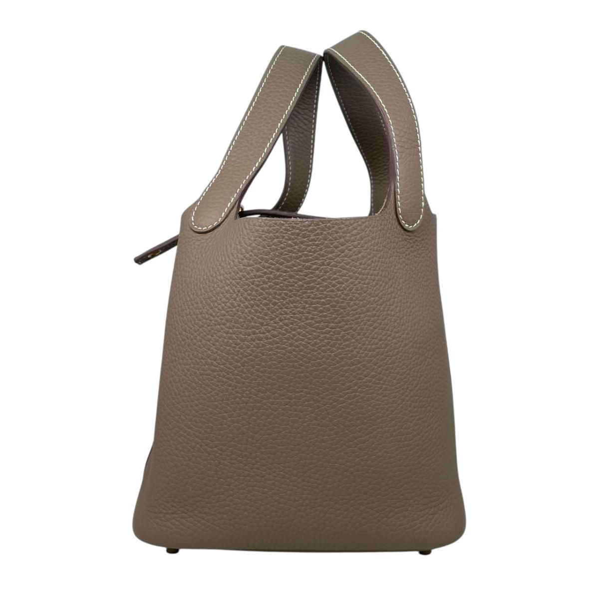 Hermes Handbag Picotin Lock PM Taurillon Clemence Etoupe Gray Gold — view 3