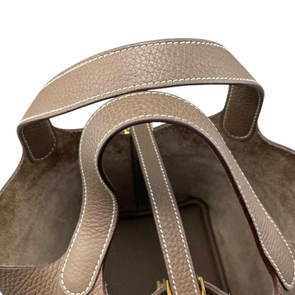 Hermes Handbag Picotin Lock PM Taurillon Clemence Etoupe Gray Gold — view 9