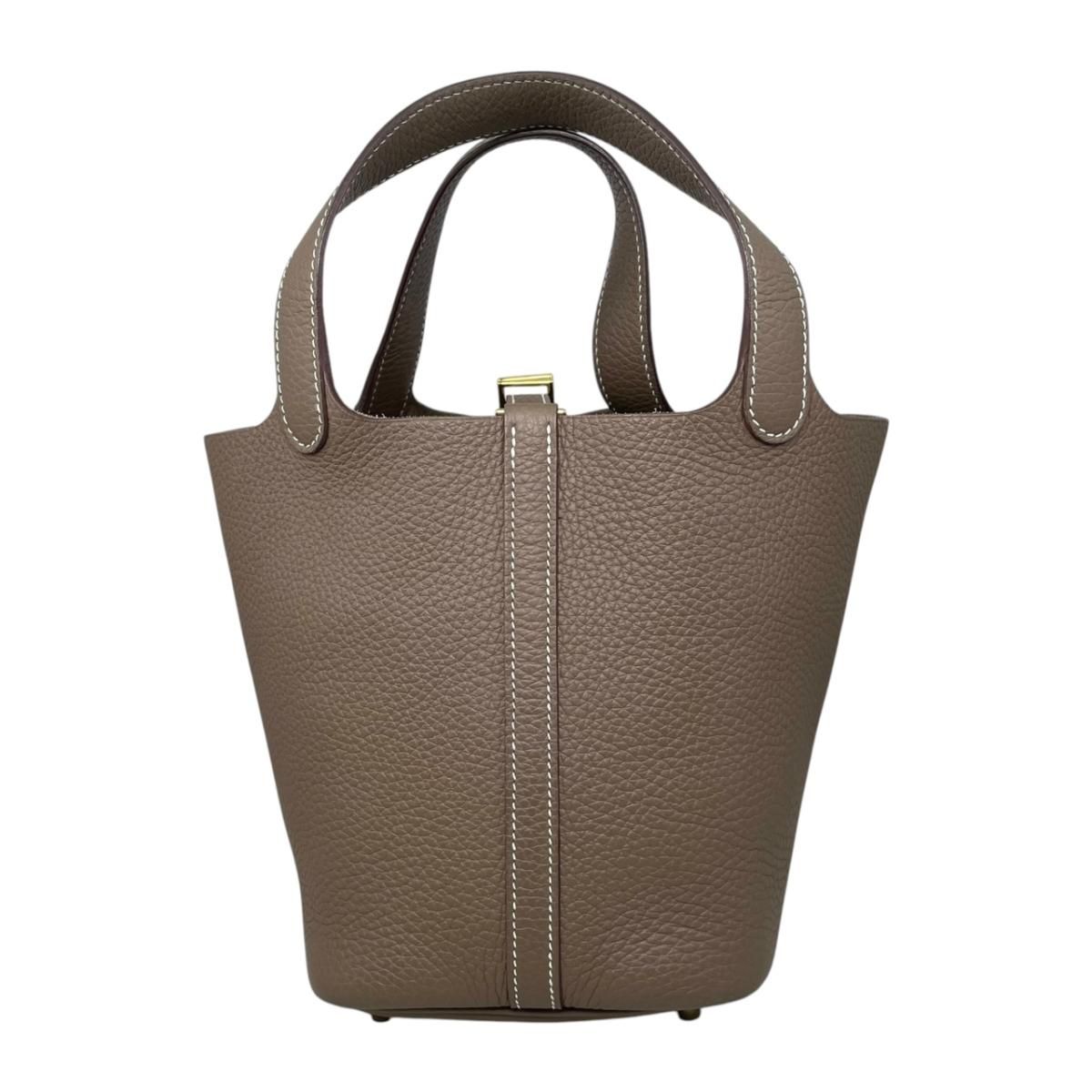 Hermes Handbag Picotin Lock PM Taurillon Clemence Etoupe Gray Gold — view 2