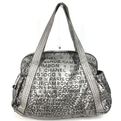 Chanel Boston Bag CC Logo Nylon Canvas Silver