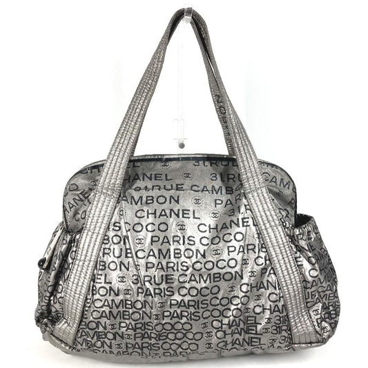 Chanel Boston Bag CC Logo Nylon Canvas Silver