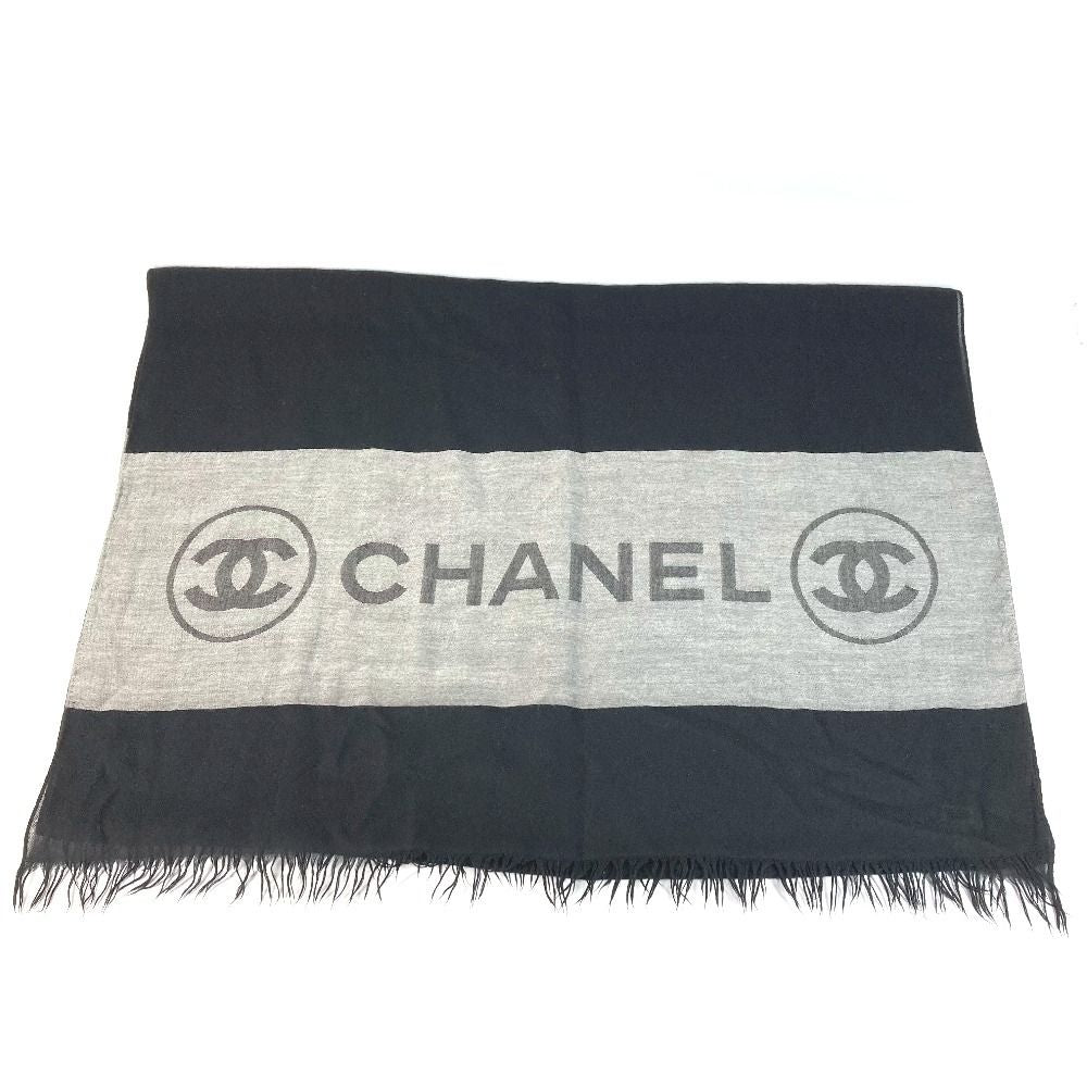 Chanel Shawl Logo Fringe Cashmere Black Scarf