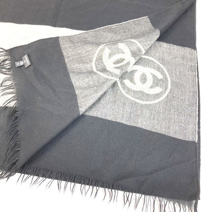 Chanel Shawl Logo Fringe Cashmere Black Scarf — view 4