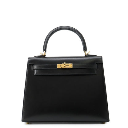 Hermes Handbag Kelly 25 Sellier Black Gold Box Calf 2-Way
