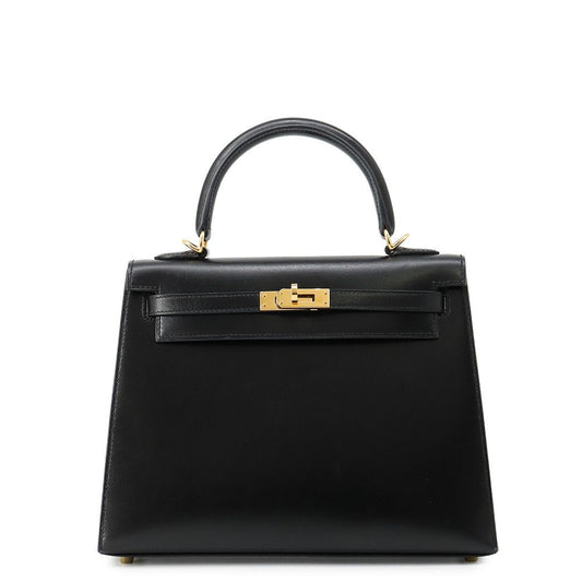 Hermes Handbag Kelly 25 Sellier Black Gold Box Calf 2-Way
