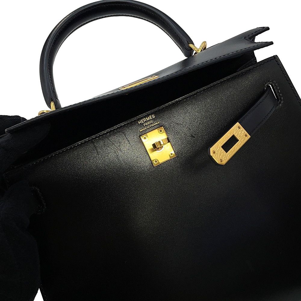 Hermes Handbag Kelly 25 Sellier Black Gold Box Calf 2-Way — view 8
