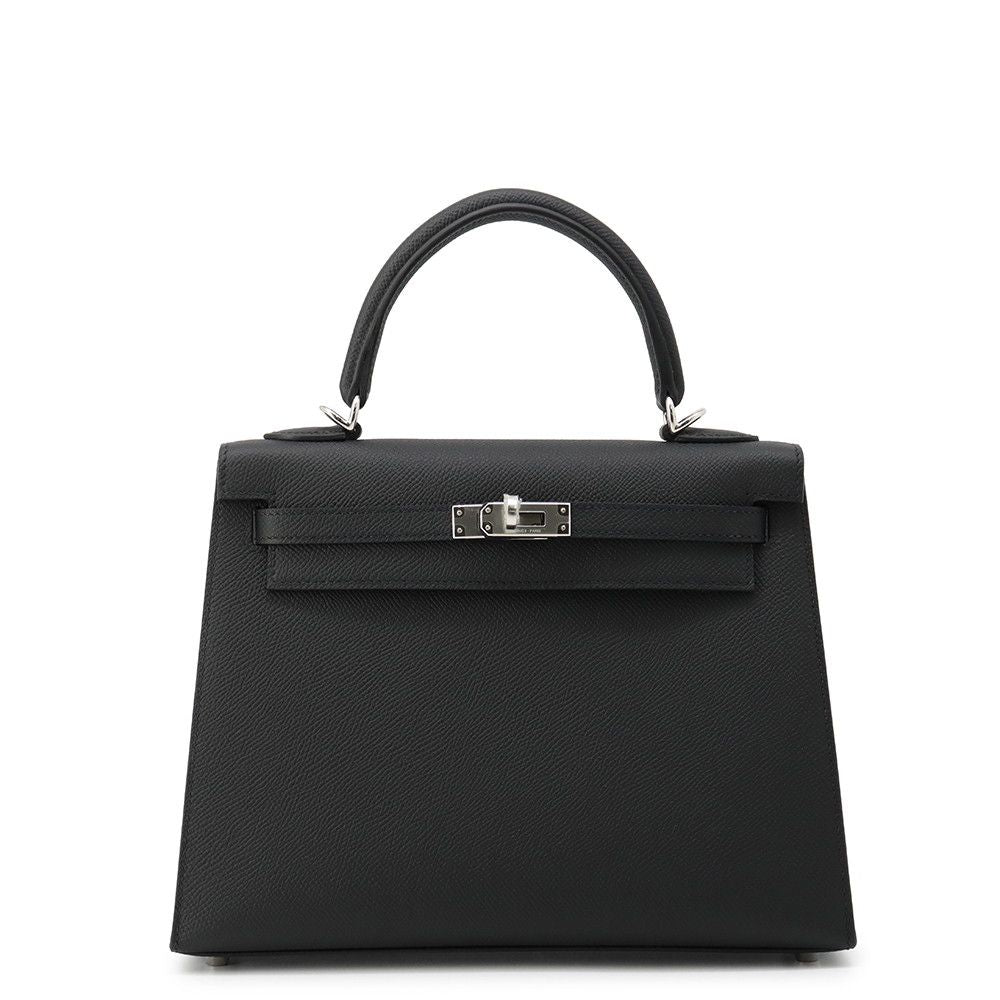 Hermes Handbag Kelly 25 Sellier Black Silver Epsom 2-Way