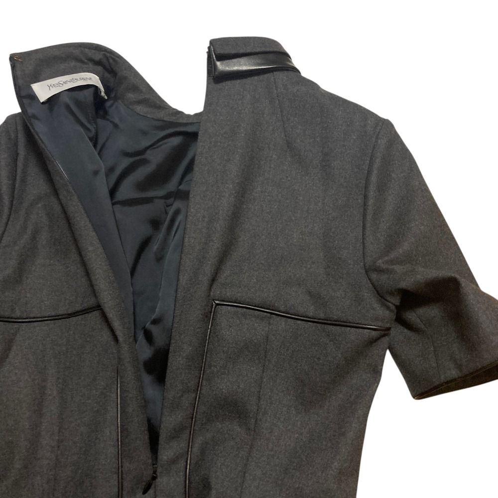 Saint Laurent Layered Leather Color Half Sleeve Wool Dress 38 Gray — view 3