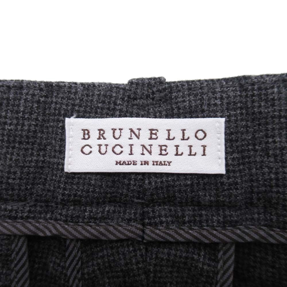 Brunello Cucinelli Leather Trim Check Wool Trousers Tuck Tapered Pants 40 Gray — view 7