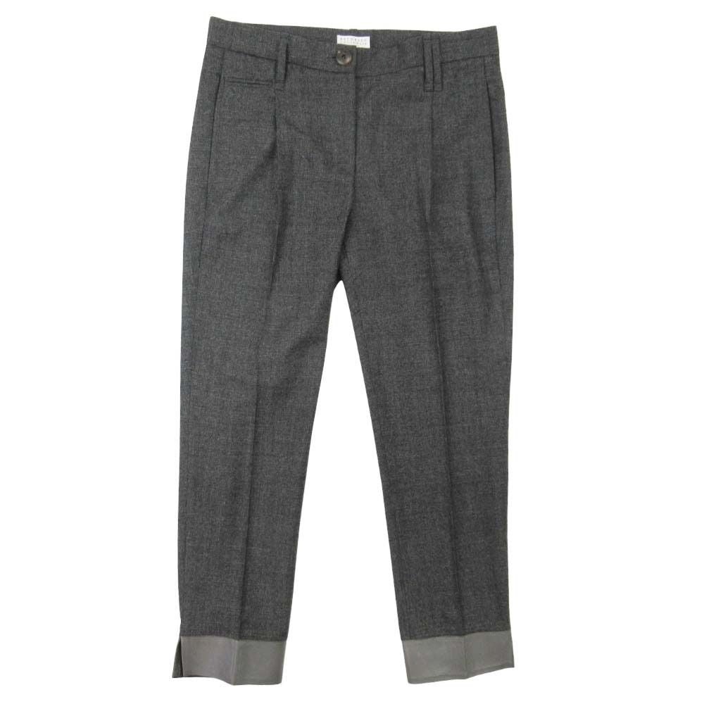 Brunello Cucinelli Leather Trim Check Wool Trousers Tuck Tapered Pants 40 Gray