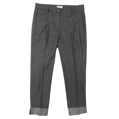 Brunello Cucinelli Leather Trim Check Wool Trousers Tuck Tapered Pants 40 Gray