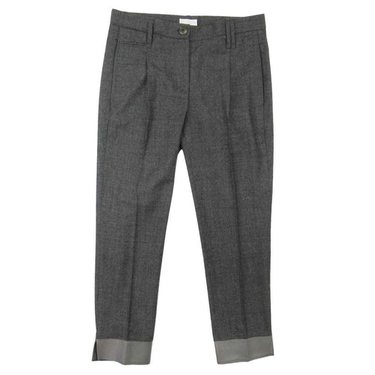 Brunello Cucinelli Leather Trim Check Wool Trousers Tuck Tapered Pants 40 Gray