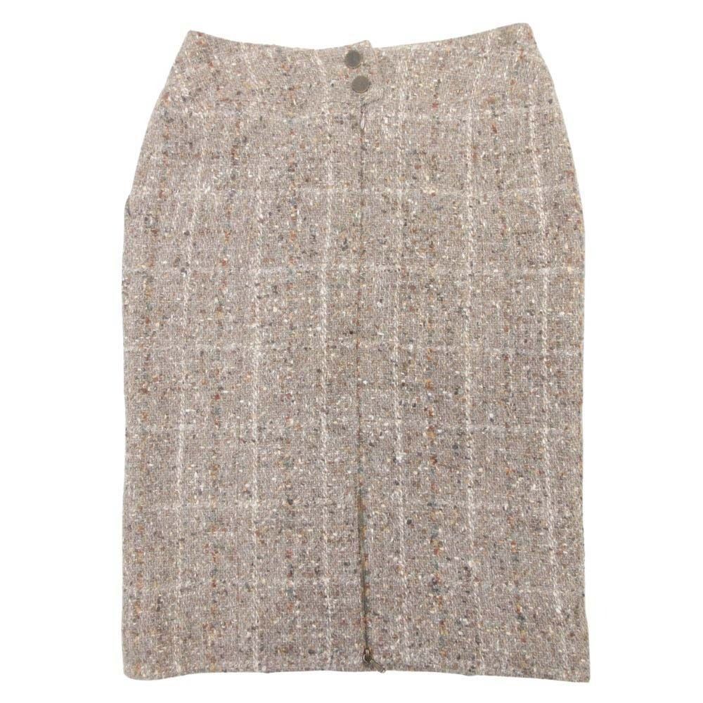 Chanel Vintage Wool Tweed Plaid Semi Flare Skirt Knee Length Mid Calf 38 Beige — view 2