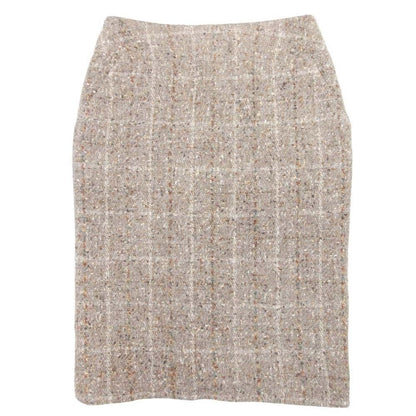 Chanel Vintage Wool Tweed Plaid Semi Flare Skirt Knee Length Mid Calf 38 Beige