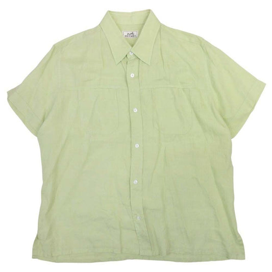Hermes Linen 100% Shirt Top Short Sleeve Relaxed Fit 43 17 Yellow Green