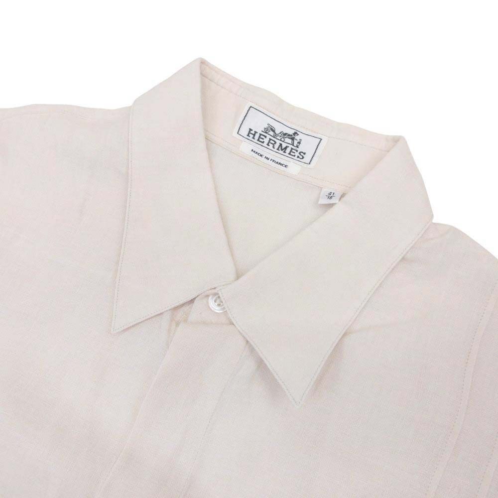 Hermes Linen 100% Series Button Shirt Top Long Sleeve Pintuck Stitch 41 Beige — view 3