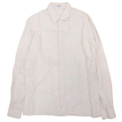 Hermes Linen 100% Series Button Shirt Top Long Sleeve Pintuck Stitch 41 Beige