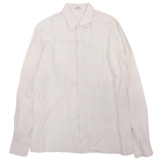 Hermes Linen 100% Series Button Shirt Top Long Sleeve Pintuck Stitch 41 Beige