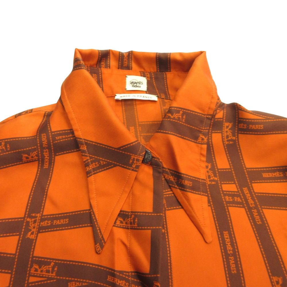 Hermes Bolduc Silk Shirt Series Button Blouse Top Ribbon Pattern 40 Orange — view 3