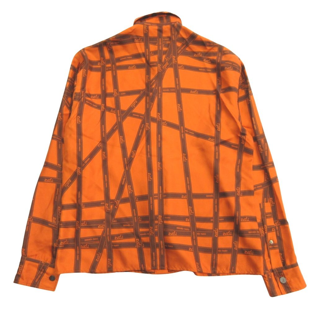 Hermes Bolduc Silk Shirt Series Button Blouse Top Ribbon Pattern 40 Orange — view 2
