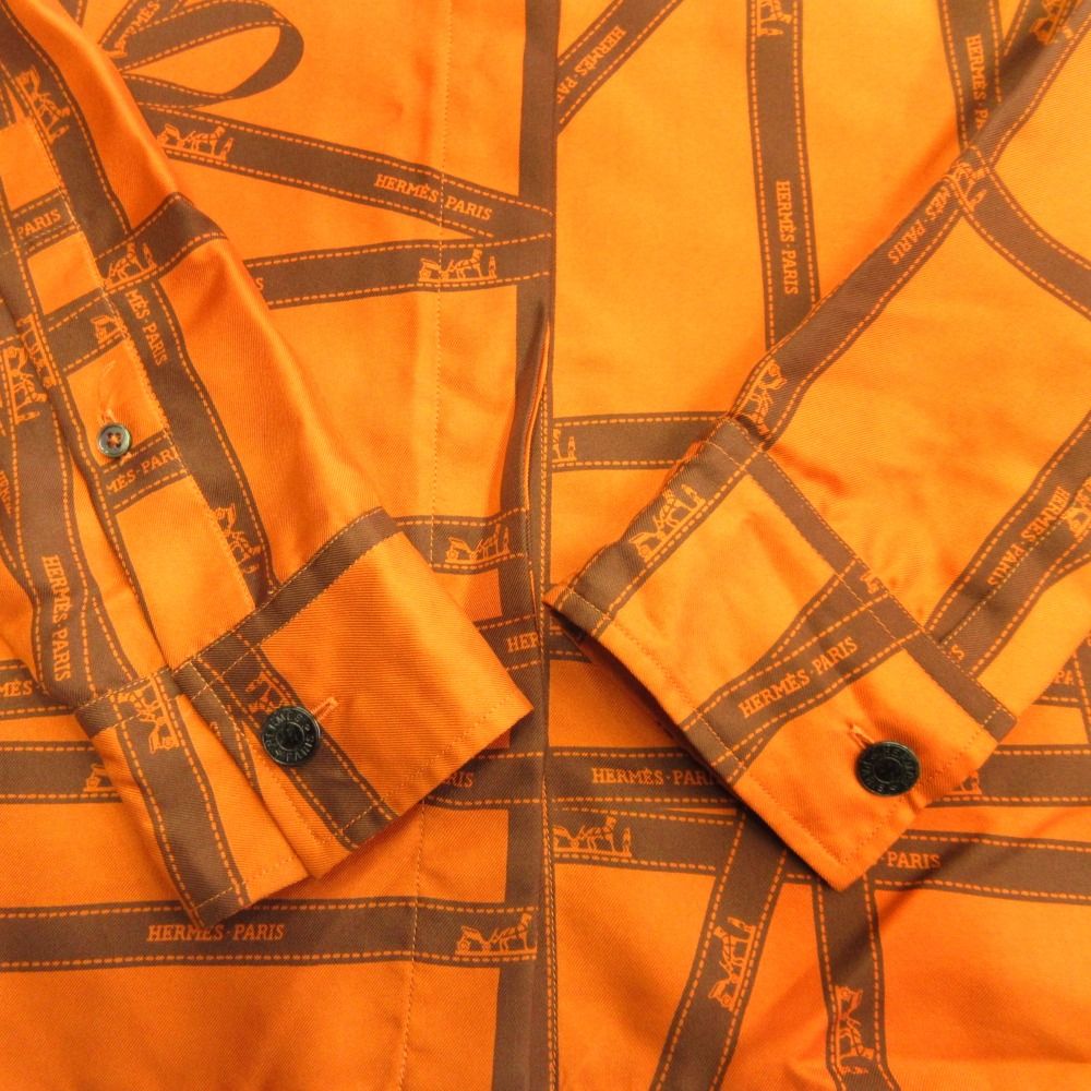 Hermes Bolduc Silk Shirt Series Button Blouse Top Ribbon Pattern 40 Orange — view 4