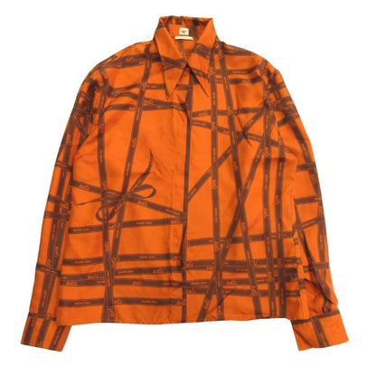 Hermes Bolduc Silk Shirt Series Button Blouse Top Ribbon Pattern 40 Orange