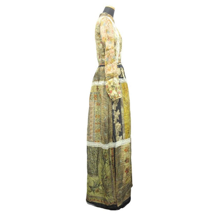 Dior Linen Long Dress Long Sleeve Lace All Over Pattern Brown Multicolor — view 2