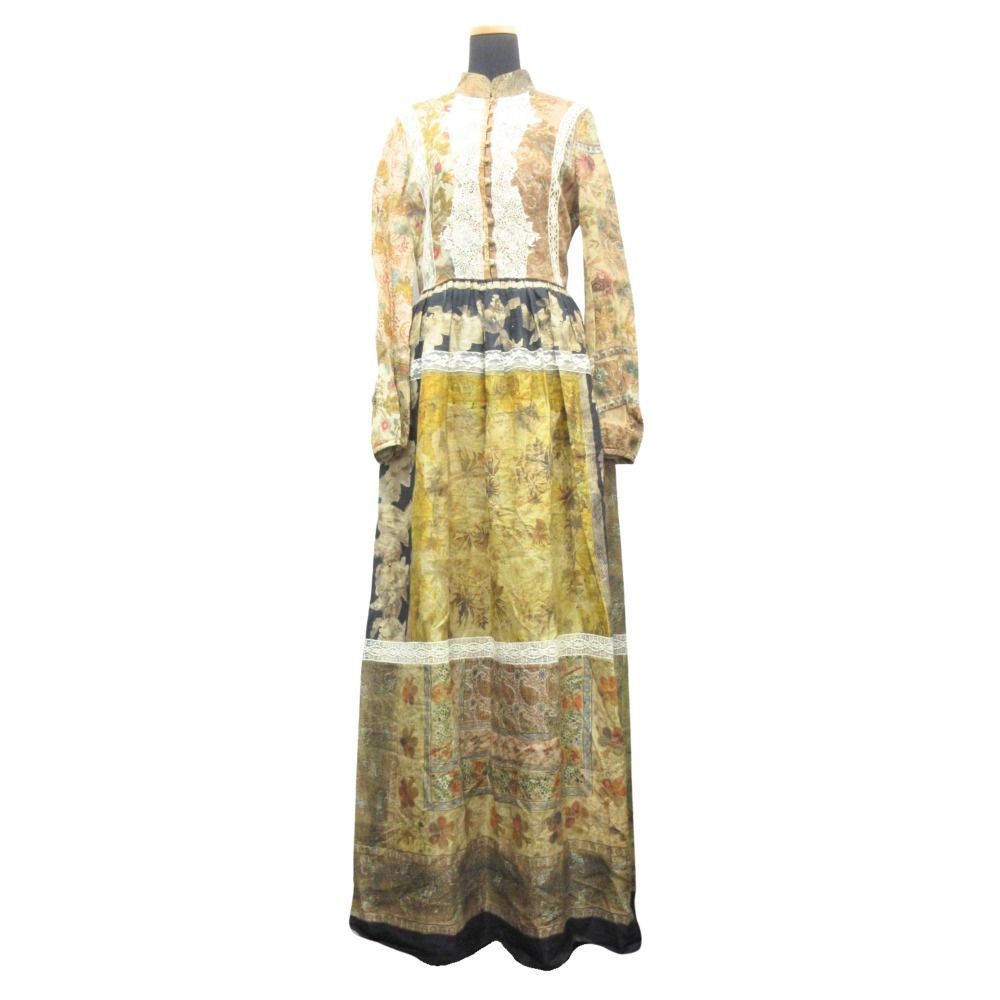 Dior Linen Long Dress Long Sleeve Lace All Over Pattern Brown Multicolor