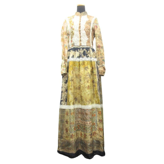 Dior Linen Long Dress Long Sleeve Lace All Over Pattern Brown Multicolor