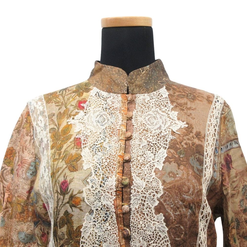 Dior Linen Long Dress Long Sleeve Lace All Over Pattern Brown Multicolor — view 4