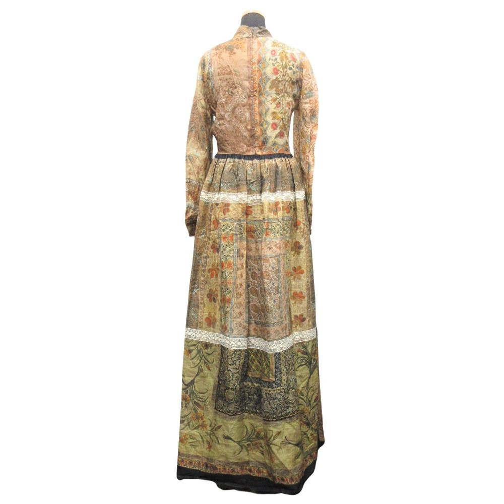 Dior Linen Long Dress Long Sleeve Lace All Over Pattern Brown Multicolor — view 3