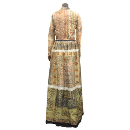 Dior Linen Long Dress Long Sleeve Lace All Over Pattern Brown Multicolor — view 3