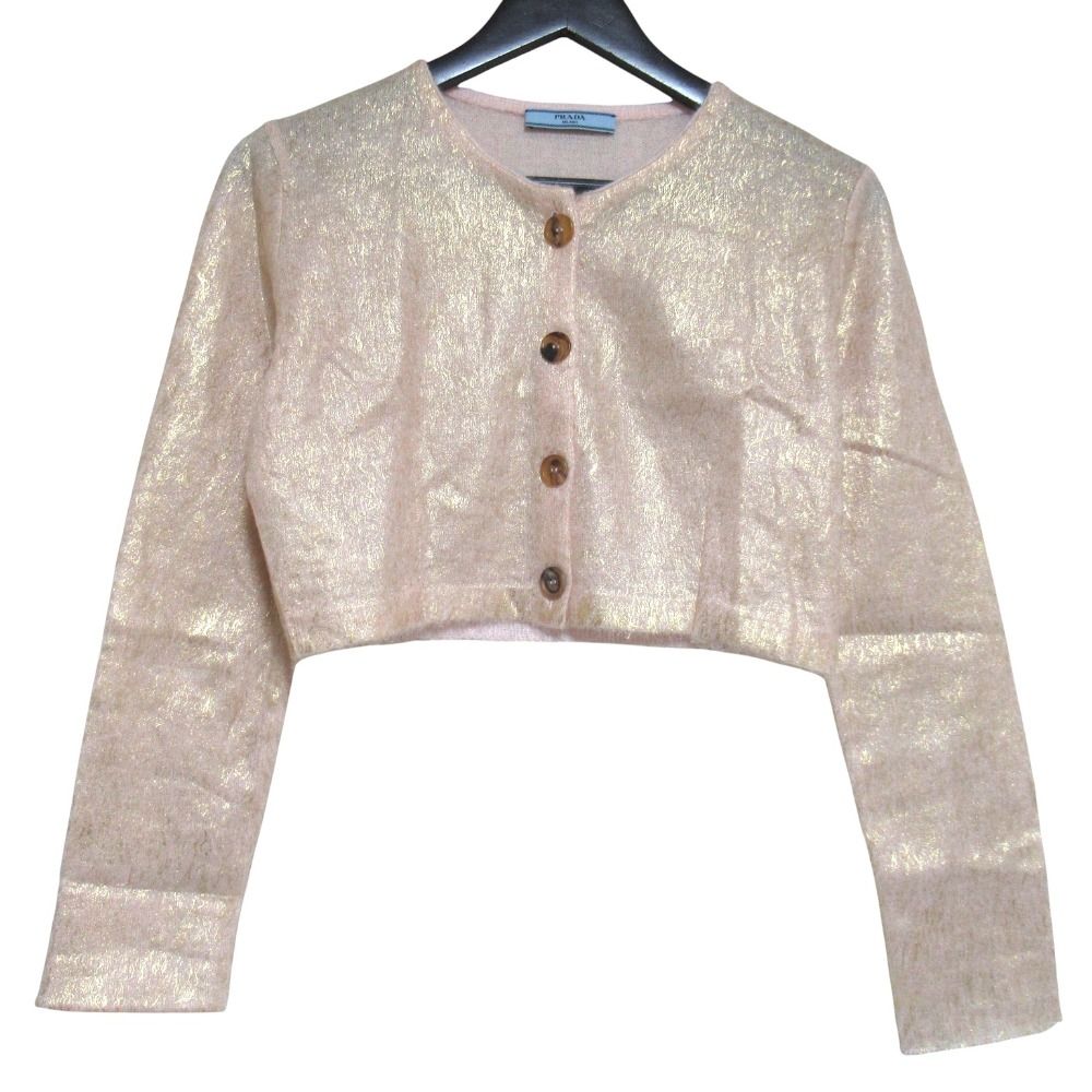 Prada Short Length Coated Long Sleeve Mohair Knit Cardigan 42 Pink Beige Gold