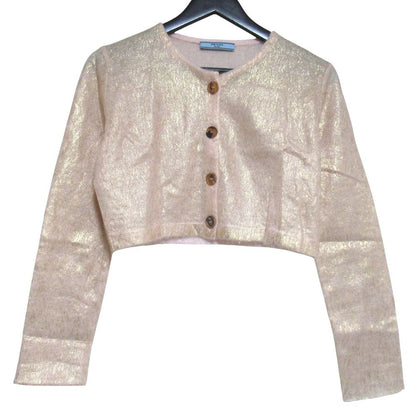 Prada Short Length Coated Long Sleeve Mohair Knit Cardigan 42 Pink Beige Gold