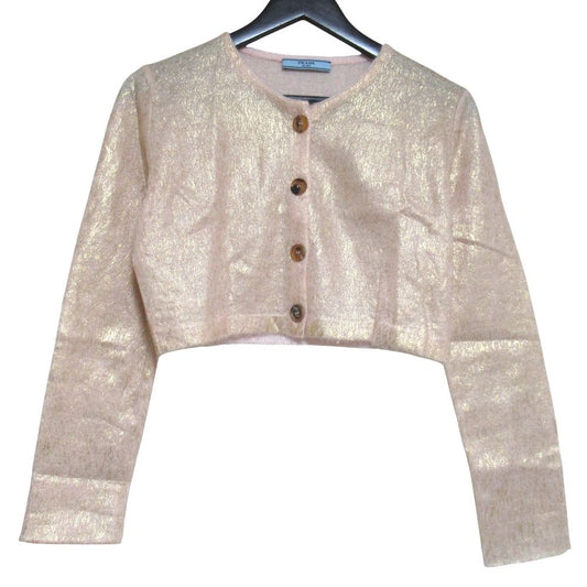 Prada Short Length Coated Long Sleeve Mohair Knit Cardigan 42 Pink Beige Gold