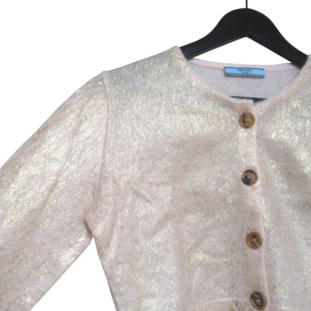 Prada Short Length Coated Long Sleeve Mohair Knit Cardigan 42 Pink Beige Gold — view 3
