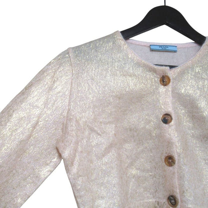 Prada Short Length Coated Long Sleeve Mohair Knit Cardigan 42 Pink Beige Gold — view 3