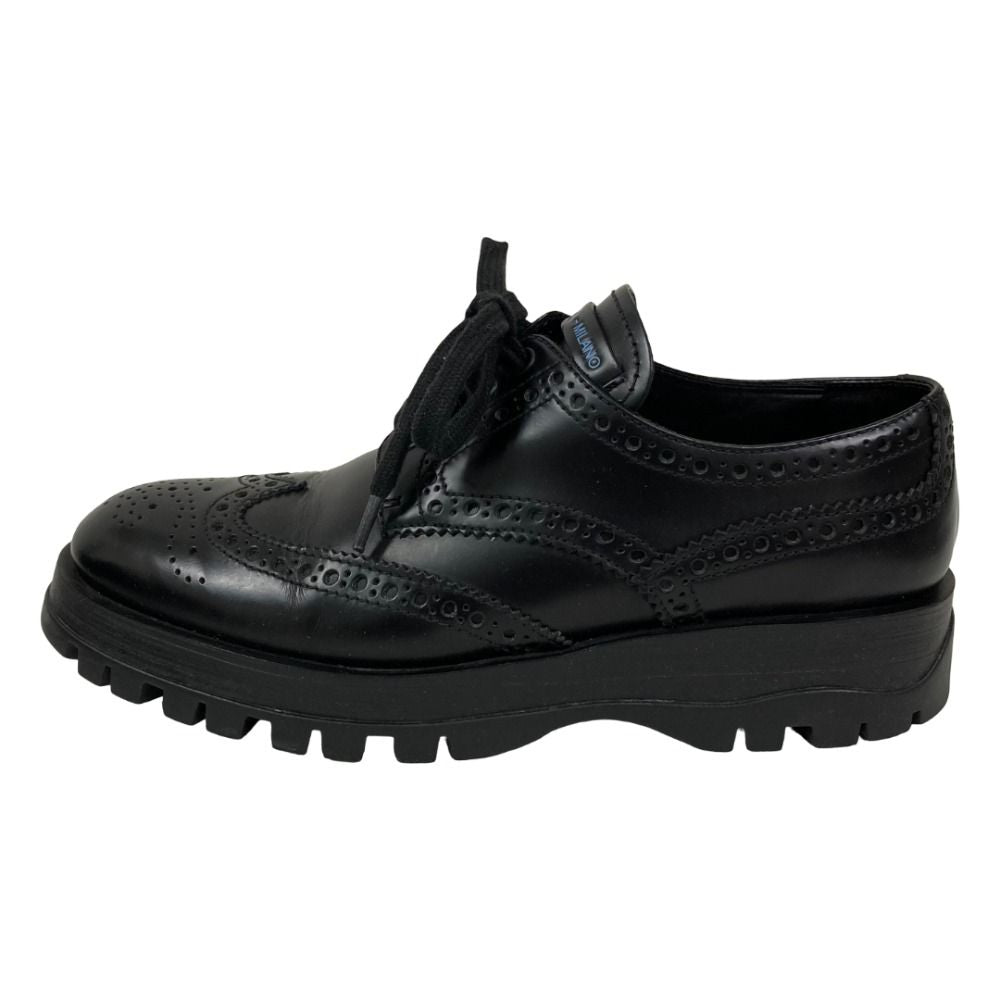 Prada Calf Leather Wingtip Medallion Shoes Dress 37 Black — view 3