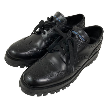 Prada Calf Leather Wingtip Medallion Shoes Dress 37 Black