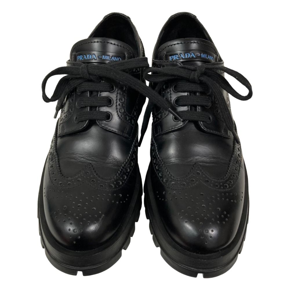 Prada Calf Leather Wingtip Medallion Shoes Dress 37 Black — view 2