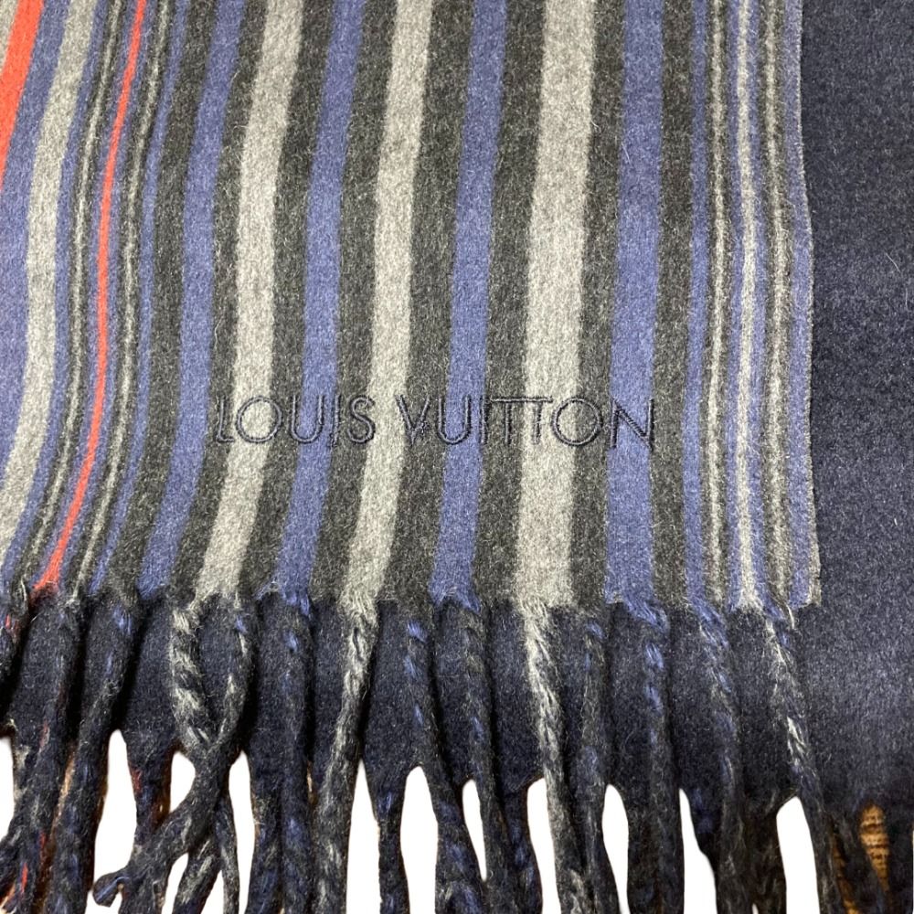 Louis Vuitton Striped Pattern Double Face Cashmere Wool Fringe Scarf Navy — view 4