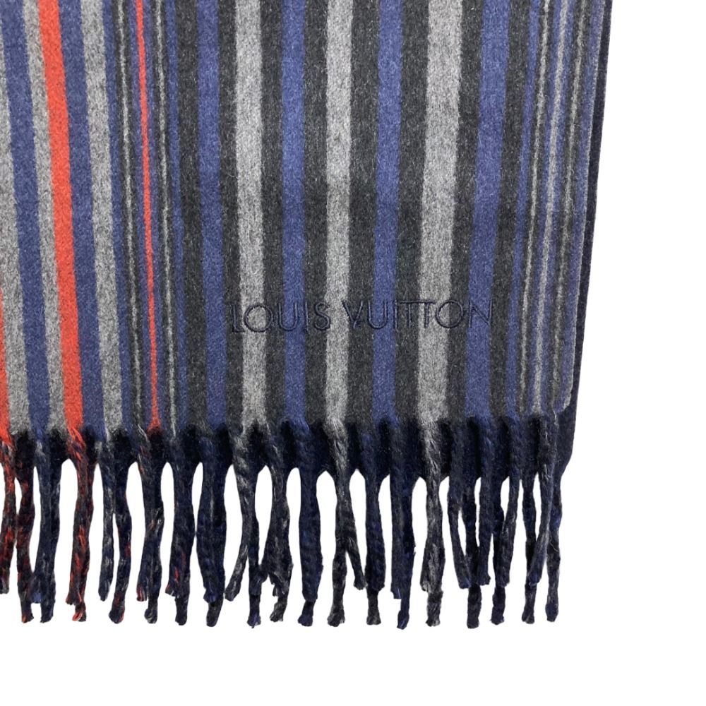 Louis Vuitton Striped Pattern Double Face Cashmere Wool Fringe Scarf Navy — view 5