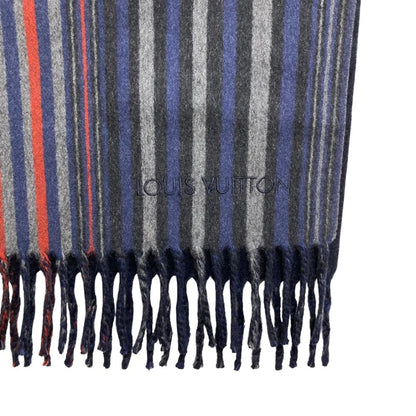 Louis Vuitton Striped Pattern Double Face Cashmere Wool Fringe Scarf Navy — view 5