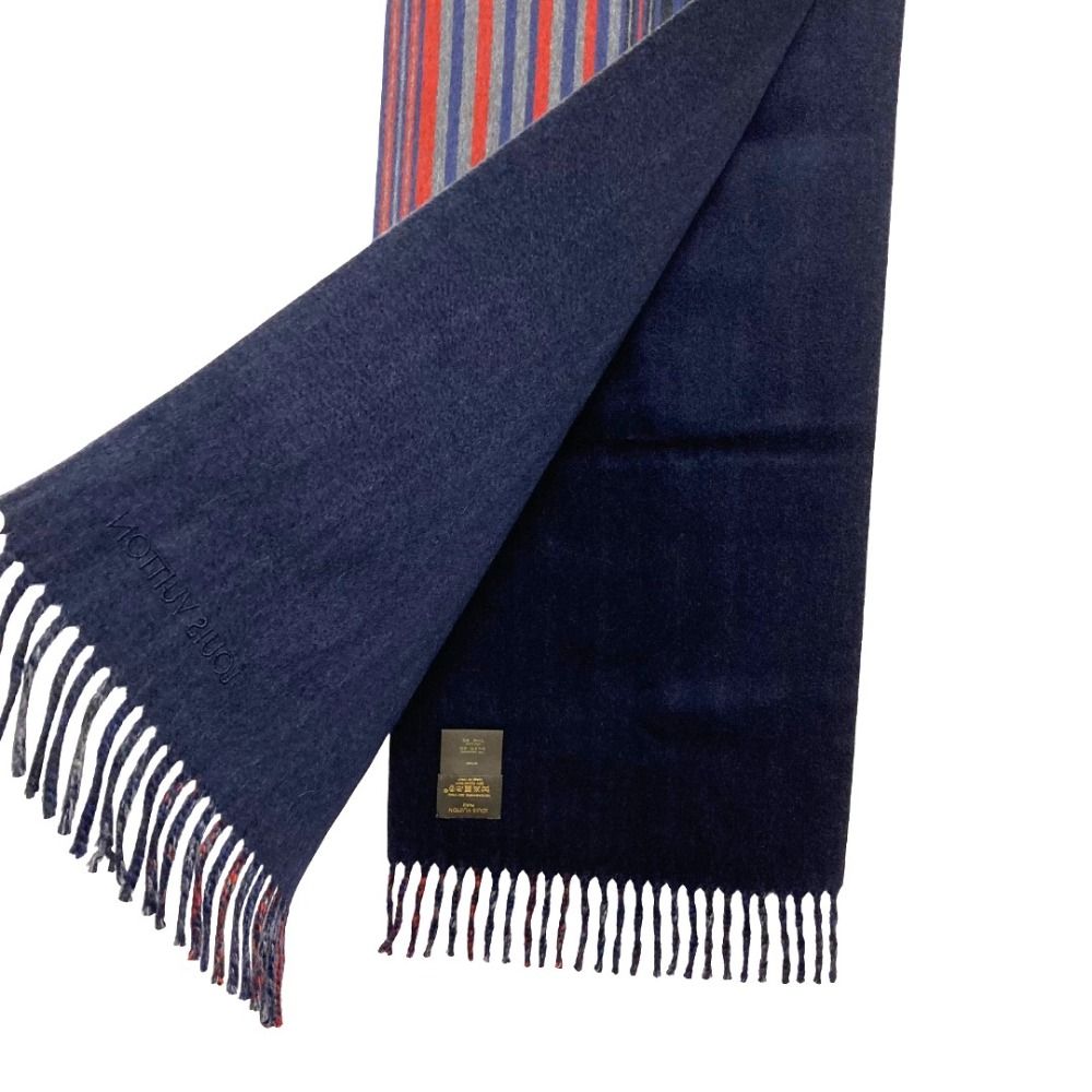 Louis Vuitton Striped Pattern Double Face Cashmere Wool Fringe Scarf Navy — view 6